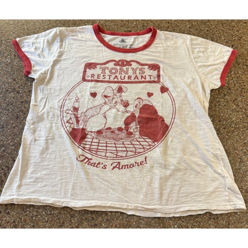 Disney Womens Lady & Tramp T-Shirt Size XL Red Beige That's Amore Cotton Tee